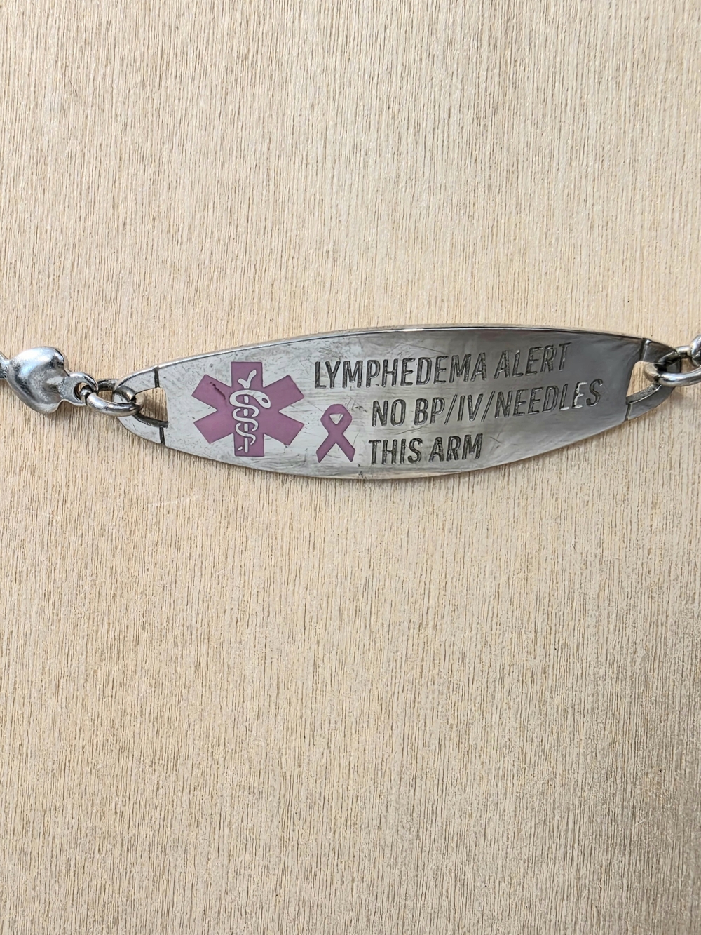 Lymphedema Medical Alert Bracelet with Pink Ribbon - Silver-tone Size 8.25" - Picture 4 of 7